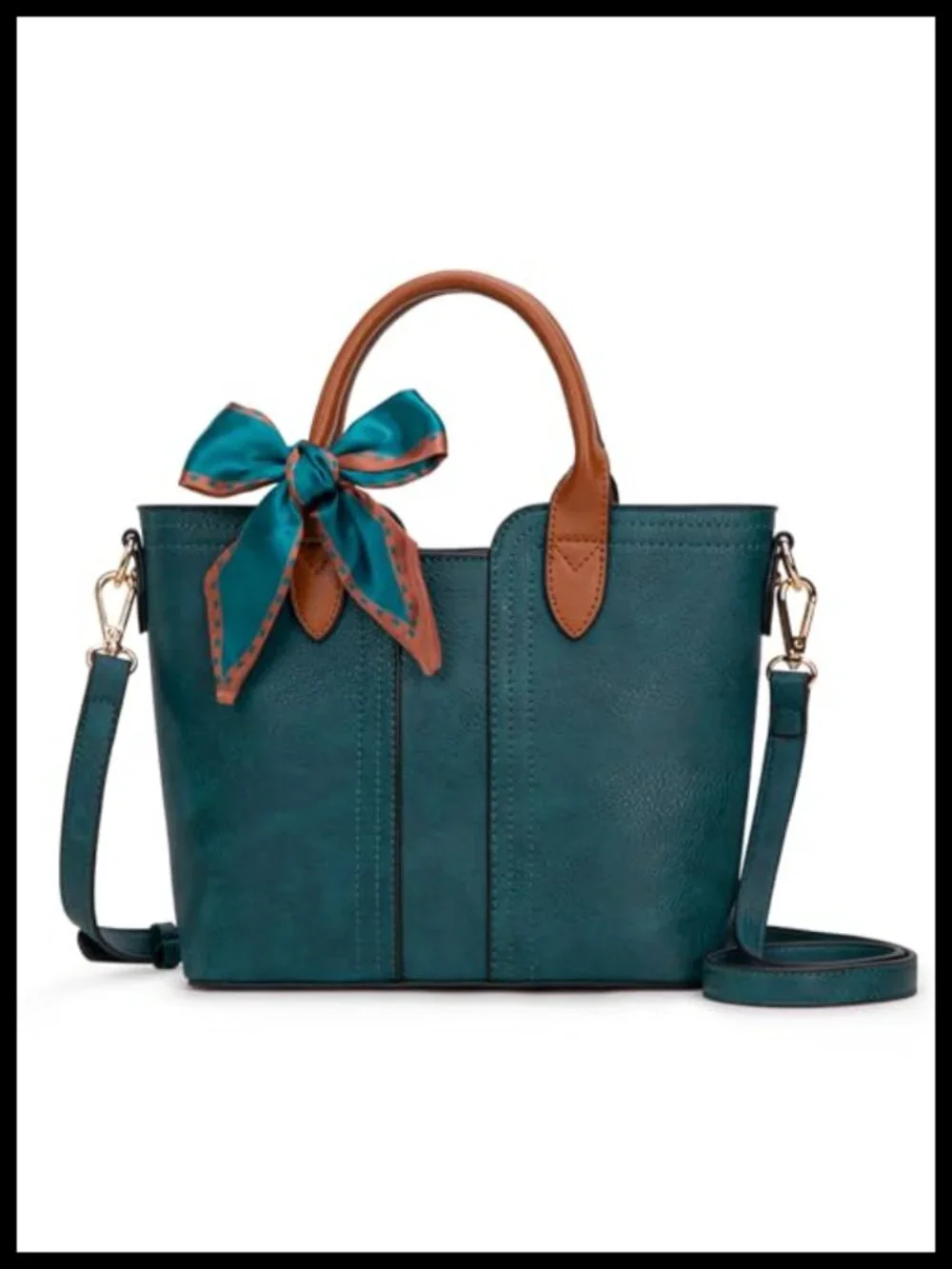 Vegan Leather Satchel Handbag with Detachable Strap, Top Handles, Bow Scarf
